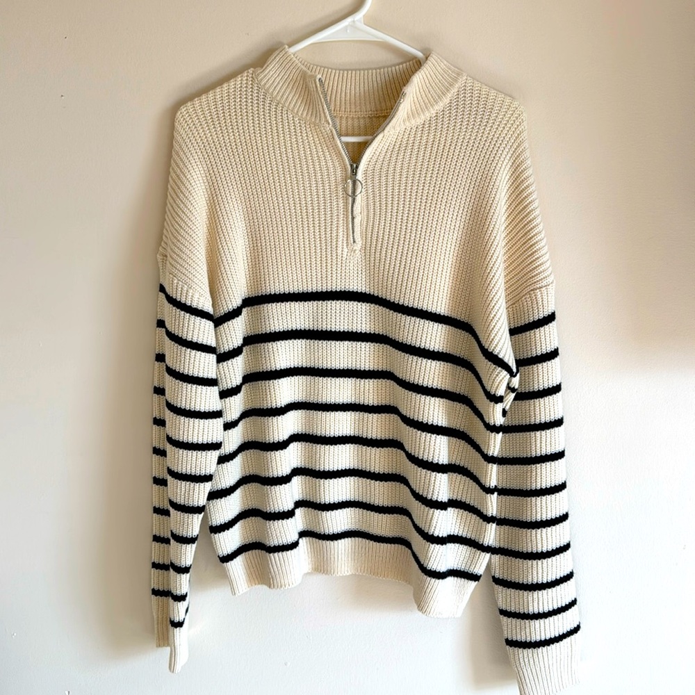 Quarter Zip Sweater. Cream with black stripes. Size large.